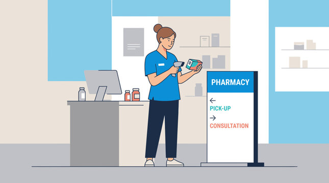 Pharmacist scanning medication with barcode reader at counter in pharmacy