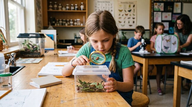 Young Girl Examining Insects With Magnifying Glass in Science Class