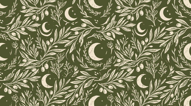 Moon and Olive Branch Pattern on Dark Olive Background