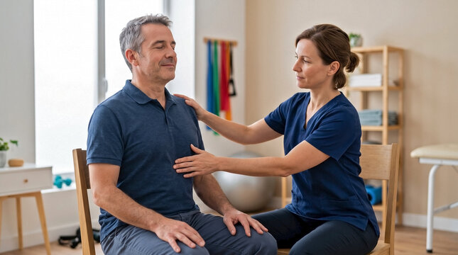 Middle-aged man performing breathing exercise therapy with physiotherapist for respiratory physiotherapy, pulmonary rehabilitation, lung health improvement, stress reduction breathing
