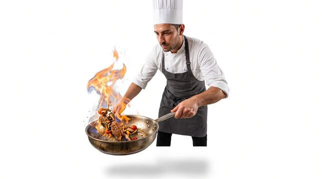 Professional chef cooking stir fry with dramatic fire flames in a frying pan using the flamb&eacute; technique on a white background