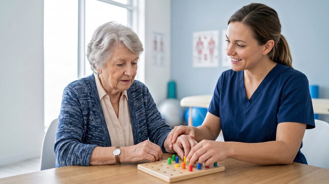 Senior woman concentrating on cognitive exercise with therapist in rehabilitation clinic for geriatric care websites, mental health blogs, and therapy articles