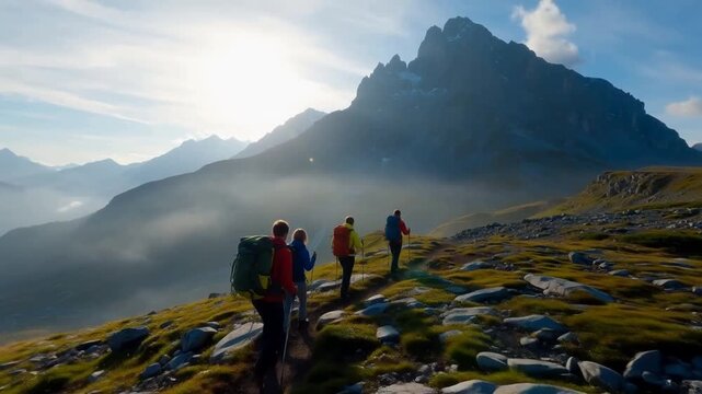 Four hikers with backpacks and trekking poles walk along a rocky mountain trail under bright sunlight with misty peaks in the background