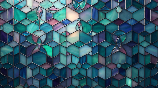 Abstract mosaic pattern with blue and green geometric hexagon shapes in a glass stained window style