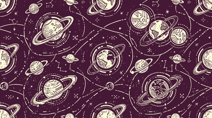 Planetary orbits and planets pattern with rings and stars © Maftuh