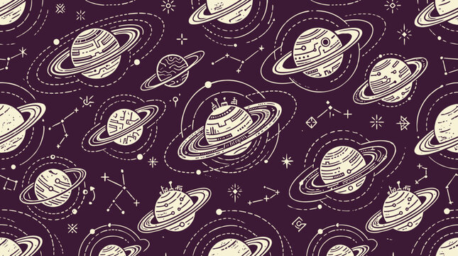 Planetary rings pattern with planets and stars