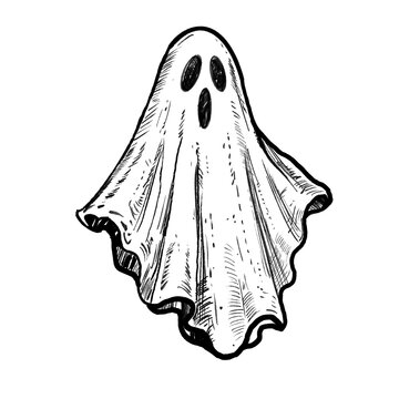 Spooky Halloween Ghost Spirit Vintage Black Ink Engraving Doodle Illustration in Antique Etching Style