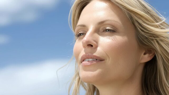 Blonde woman respiration: fresh breath, pure oxygen, inhale wind, clear atmosphere, facial serenity, outdoor relaxation, open eye, joyful emotion, peaceful mood.