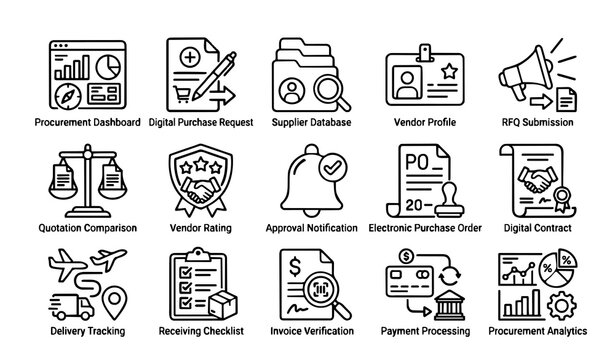 Untitled design - 2 Digital Procurement Management Outline Icons &ndash; Supplier Database, RFQ, Purchase Orders, Invoice and Business Analytics