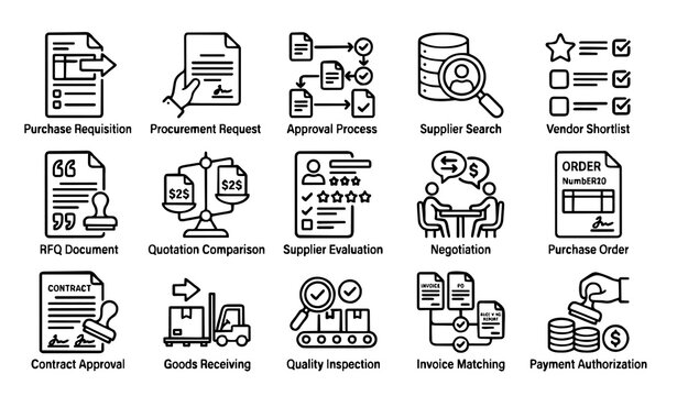 Untitled design - 1 Procurement Workflow Outline Icons &ndash; Purchasing Process, Supplier Sourcing, Approval, Purchase Order and Invoice Management