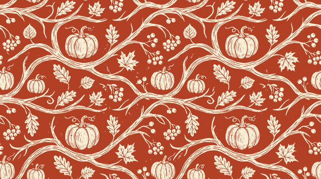 Pumpkin and vine pattern on terracotta background