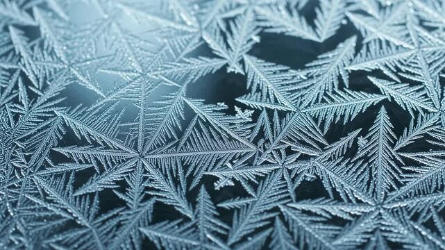 Frost crystals growing and spreading across a cold glass surface