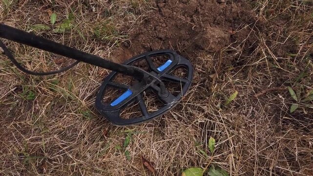 Treasure hunter with metal detector search coins in field 