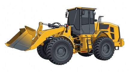 Fototapeta premium Industrial yellow front wheel loader heavy machinery vehicle for construction and earthmoving projects isolated on white background illustration