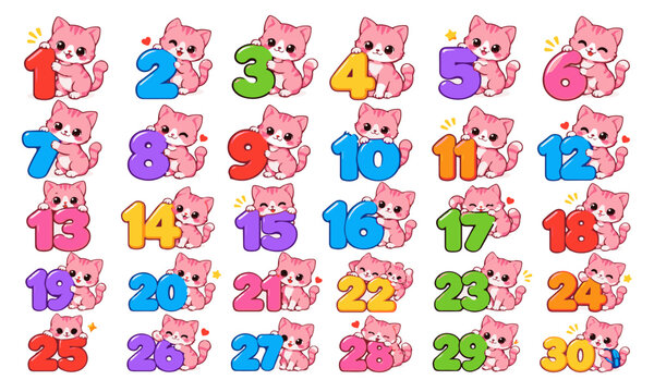 Cute Pink Cat Numbers 1-30 Counting Icons for Kids Education