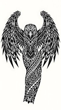 Intricate eagle tribal arm tattoo design in black ink