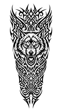 Wolf head tribal arm tattoo design in black ink style