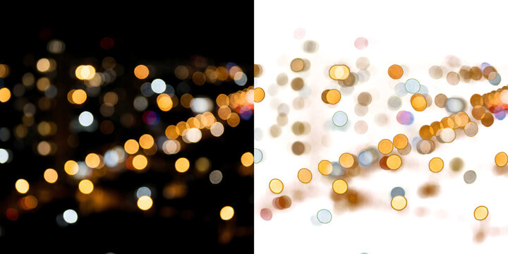 Png of abstract blurred city lights bokeh background, split view with dark and isolated on transparent background versions