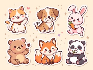 Fototapeta premium Cute cartoon animal stickers collection featuring a happy cat, playful dog, cute rabbit, sweet bear, clever fox, and adorable panda