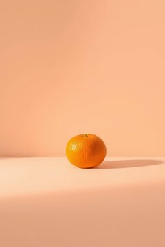 Minimalist Still Life of Single Ripe Orange Fruit on Pastel Peach Background 