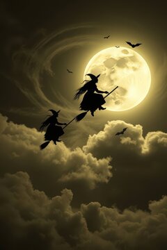 Spooky Silhouette of Witches Flying on Broomsticks Past Full Moon at Night 
