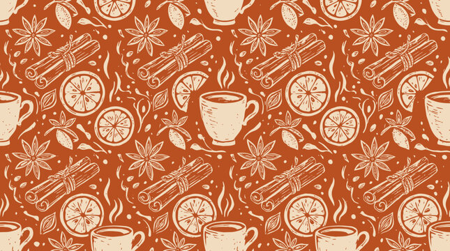 Cotton mug with steaming beverage and citrus slices pattern