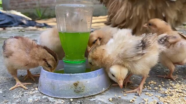 Close Up View of Baby Chicks Drinking Water From Drinker Container