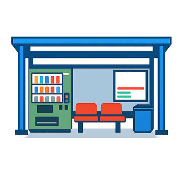 A flat vector illustration depicts a modern bus stop shelter with a vending machine and.