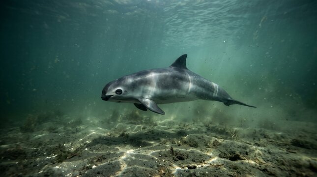 A rare vaquita porpoise swims smoothly just above the sandy seabed in clear water, illuminated by soft sunlight filtering from the ocean surface.