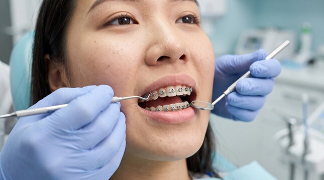 Close up of a young Asian woman with metal braces during an orthodontic checkup with a dental probe and mirror