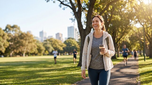 Active lifestyle: Smiling woman walking in a city park with skyline background during golden hour.