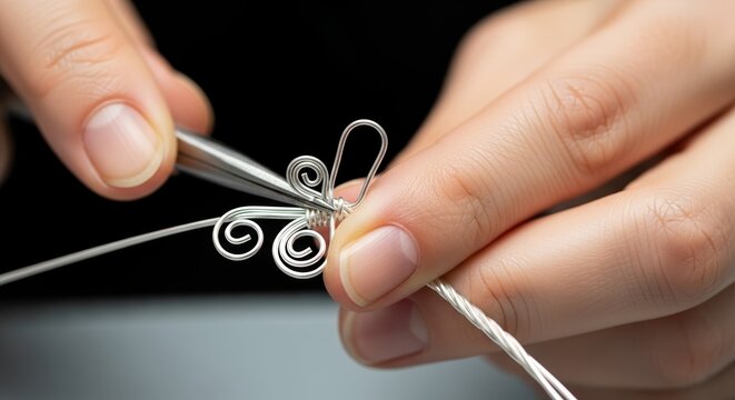 Hands shaping silver wire design with pliers, showcasing craft from jewelry making class. Artisan forms delicate metal components, practicing skills in jewelry making class.