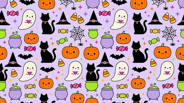 Cute Halloween seamless pattern with spooky cartoon characters, pastel purple background with black cats, ghosts, pumpkins and candy corn