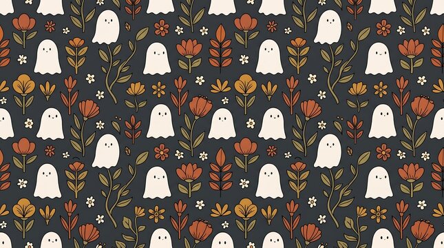 Cute Halloween seamless pattern with friendly ghosts, vintage autumn floral background, spooky botanical textile design