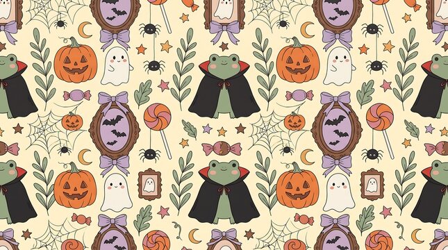 Cute Halloween seamless pattern with vampire frogs, spooky ghosts and pumpkins, pastel gothic background for wrapping paper and textiles