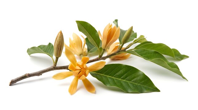 A beautiful branch of yellow champaka flowers with green leaves isolated on white background.