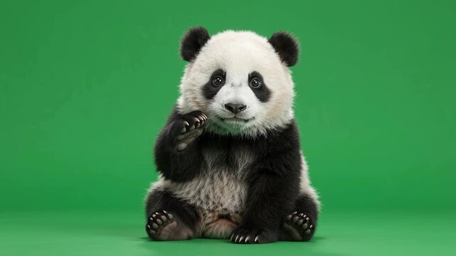 Adorable baby panda sitting on a green screen background, cute animal, studio shot.