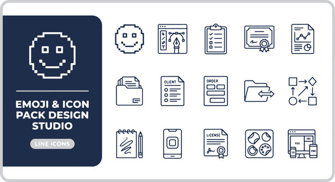 Line icon set for graphic design and business management including emoji file folder and document symbols for web and mobile UI design projects