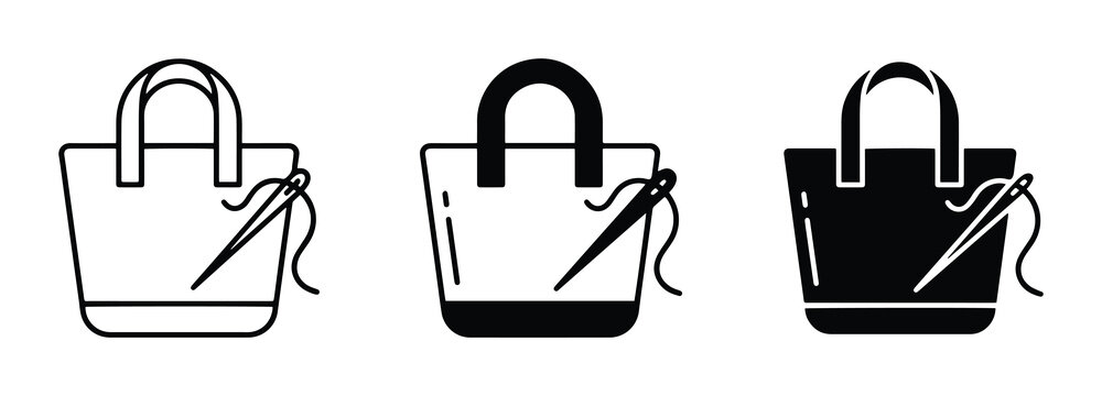 Tote Bag Sewing Icons, Needle and Thread Vector Graphics, Crafting and Repair Symbols