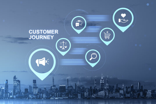 Customer journey business infographic over Manhattan skyline in New York, USA, showing marketing touchpoints, service, shopping, research, and loyalty.