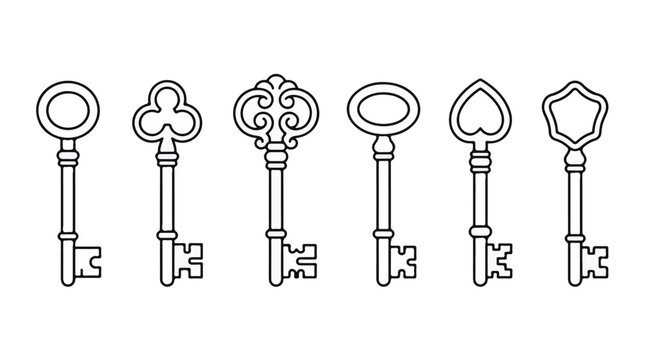 Vintage Skeleton Keys Line Art Vector Icons Set
