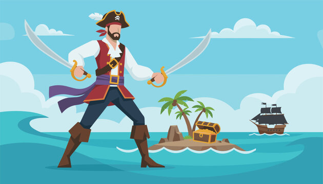 Brave pirate captain stands with two cutlass swords on a sandy island near a treasure chest and a sailing ship.