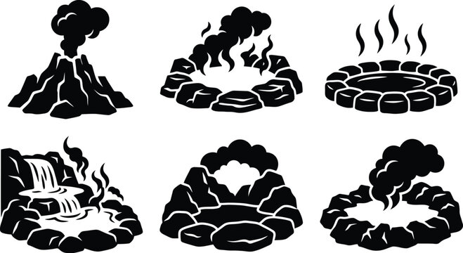 Black volcano geyser and hot spring icons isolated on white background vector illustration collection set