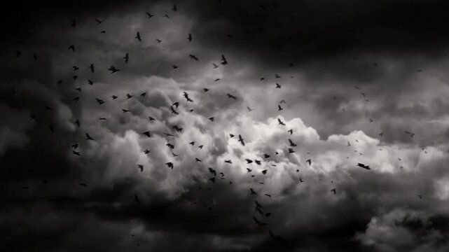 Dramatic 4K time lapse captures dark clouds overtaking sky, intense weather changes, atmosphere, powerful storm dynamics. stormy rainstorm Rain rainy thunderstorm Thunder lightning. swarm flock birds