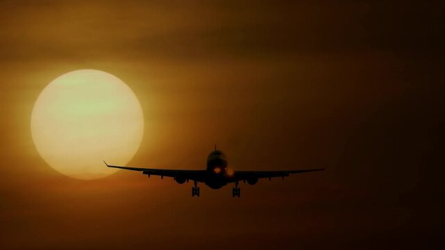 Silhouette commercial airplane landing against dramatic sunset sunrise sky with large glowing sun, travel, aviation industry, tourism, freedom, adventure in golden evening light. aircraft plane dusk