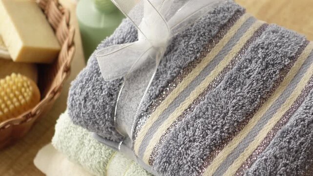 A stack of fresh, clean towels with an elegant ribbon bow, surrounded by bath accessories in a spa-like setting, captured in smooth motion
