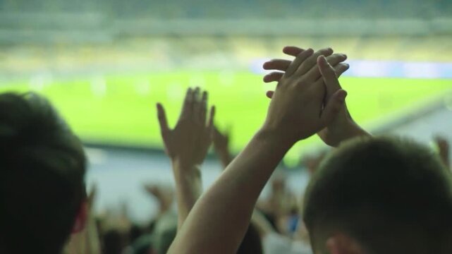 Sport Stadium Event. Crowd of Fans Cheer for Soccer football Team to Win. People Celebrate Scoring Goal, Championship Victory. Group Friends with Cheer, Shout, Have Emotional Fun. applause clapping