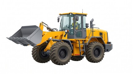 Fototapeta premium Yellow Heavy Duty Wheel Loader Construction Machinery Isolated on White Background for Industrial Excavation Projects