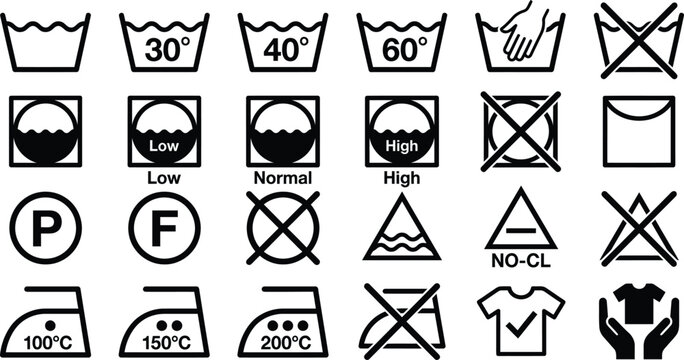 Laundry care instruction symbols set including washing temperature drying bleaching and ironing icons isolated on white background vector illustration