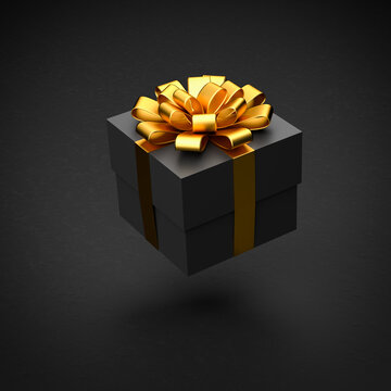 A dark present box with golden ribbon and bow hovering over a black stone background.